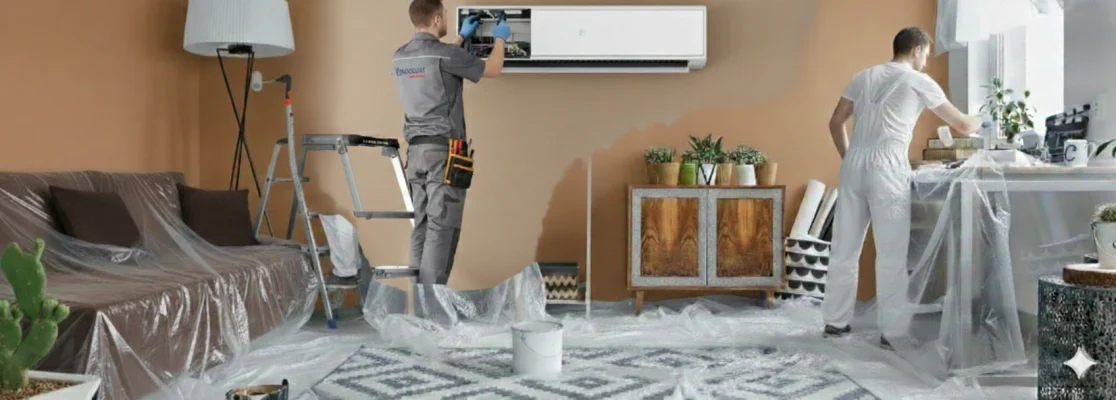 Al Ghubaiba technicians servicing an air conditioner and finishing interior work in a Dubai home