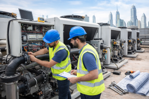 Technicians servicing rooftop water chillers