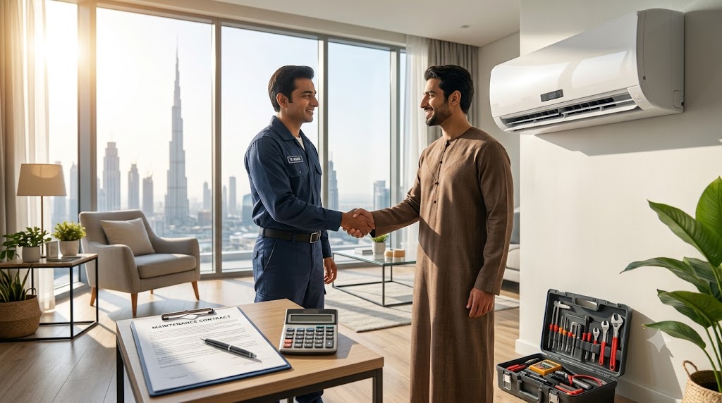 HVAC technician and homeowner shaking hands over an AC maintenance contract in Dubai