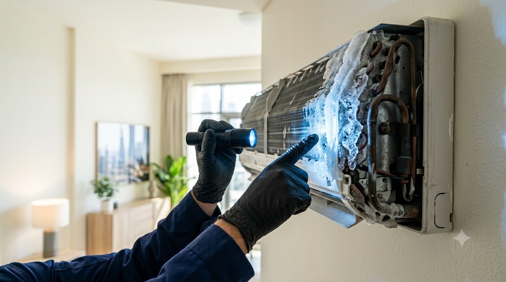 Frozen AC coils with ice, technician inspecting a split AC unit in a Dubai apartment