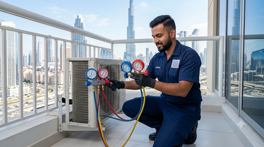 HVAC technician checking AC refrigerant gas with manifold gauges on a Dubai balcony
