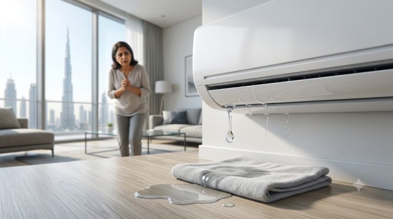 Water leaking from a wall-mounted AC unit onto the floor in a Dubai apartment