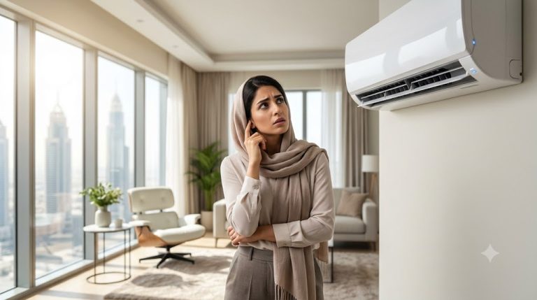 Woman listening to a noisy wall-mounted split AC unit in a Dubai living room