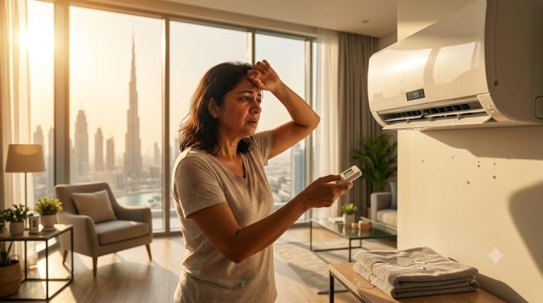 Person feeling hot because the AC is not cooling in a sunlit Dubai apartment