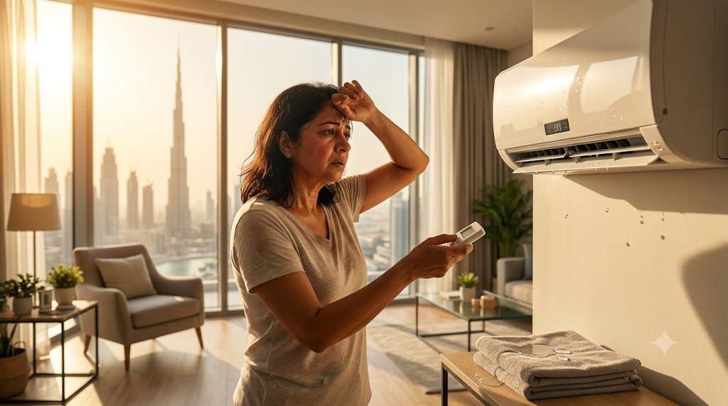 Person feeling hot because the AC is not cooling in a sunlit Dubai apartment