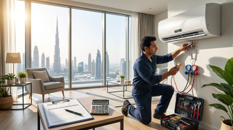 AC repair technician servicing a split AC with an invoice and calculator in Dubai