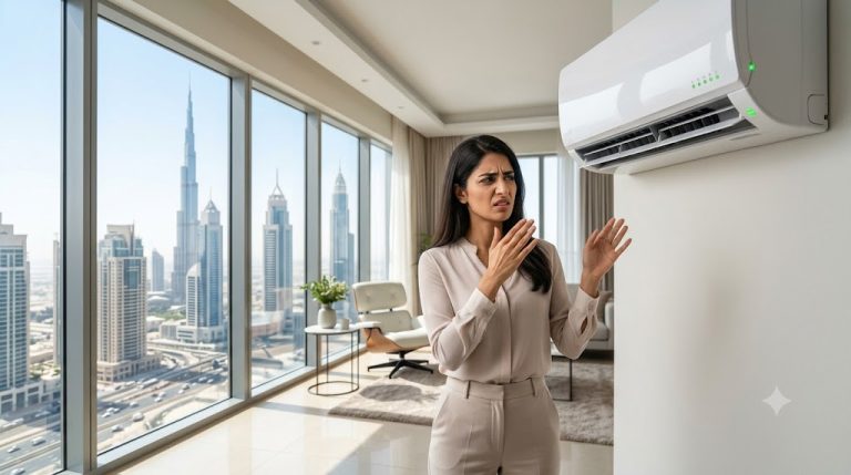 Person noticing a bad smell from an air conditioner in a Dubai home