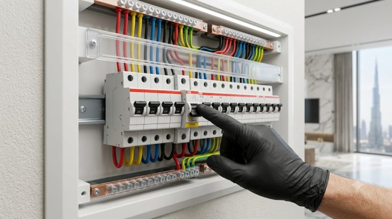 Hand resetting a tripped circuit breaker on a residential electrical distribution board in a Dubai home