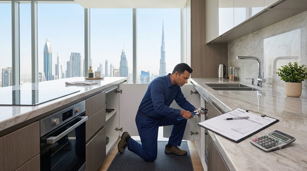 Professional plumber fixing pipework under a sink with an invoice nearby in a Dubai home
